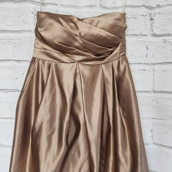 Bill Levkoff Womens Brown Gold Strapless Pleated Satin A-Line Mini Dress Size 6 - Picture 3 of 14